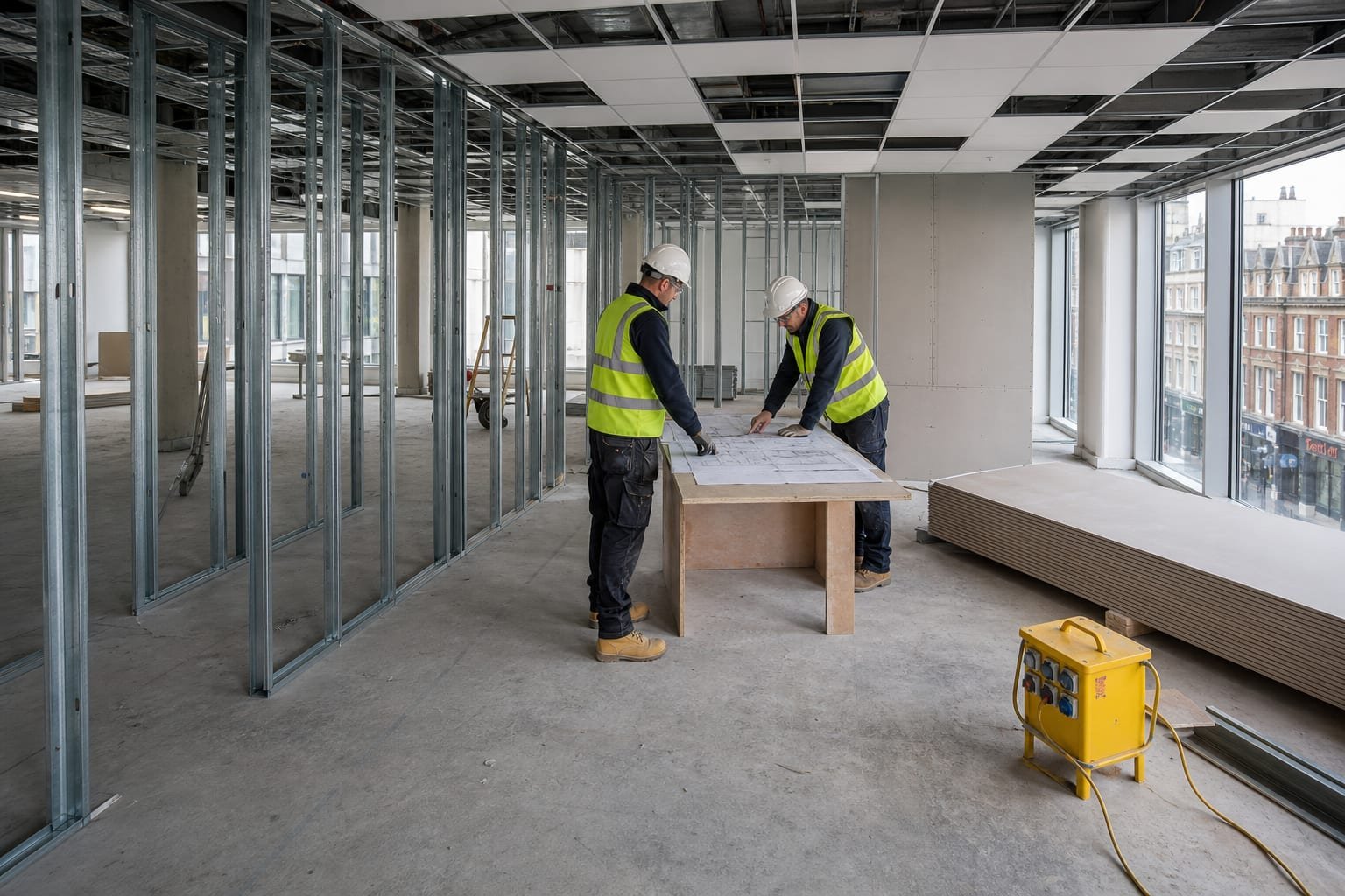 UK commercial fit-out floor with metal-stud partitions, a suspended ceiling grid, and two operatives in hard hats and hi-vis reviewing drawings.