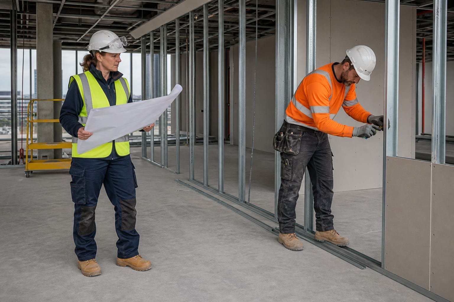 UK site supervisor in white hard hat and hi-vis reviewing drawings with an operative installing metal studs.