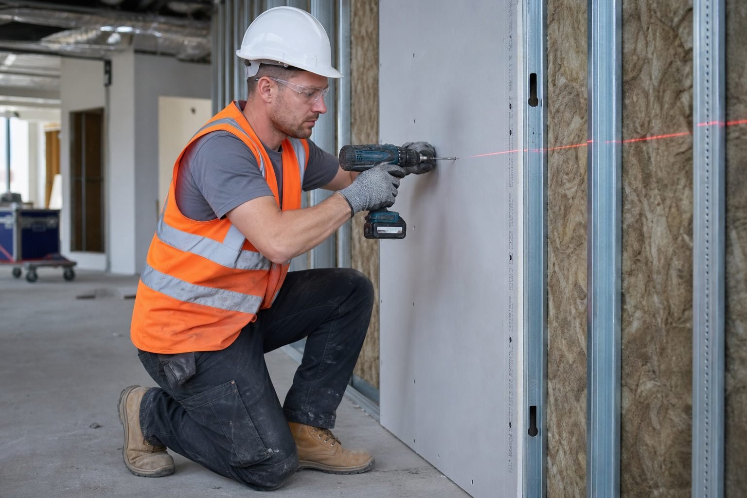 UK drylining operative in a white hard hat, orange hi-vis and safety boots fixing plasterboard to metal C-studs.