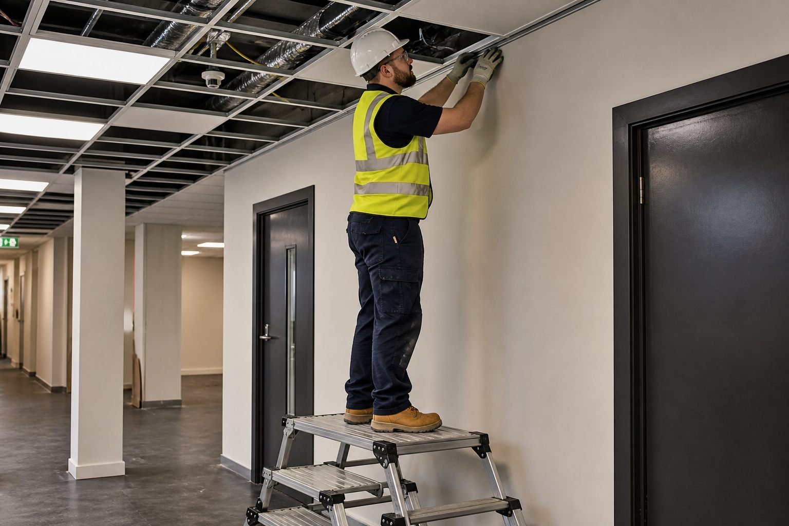 Ceiling installation from a podium, UK operative in white hard hat, yellow hi-vis and safety boots.
