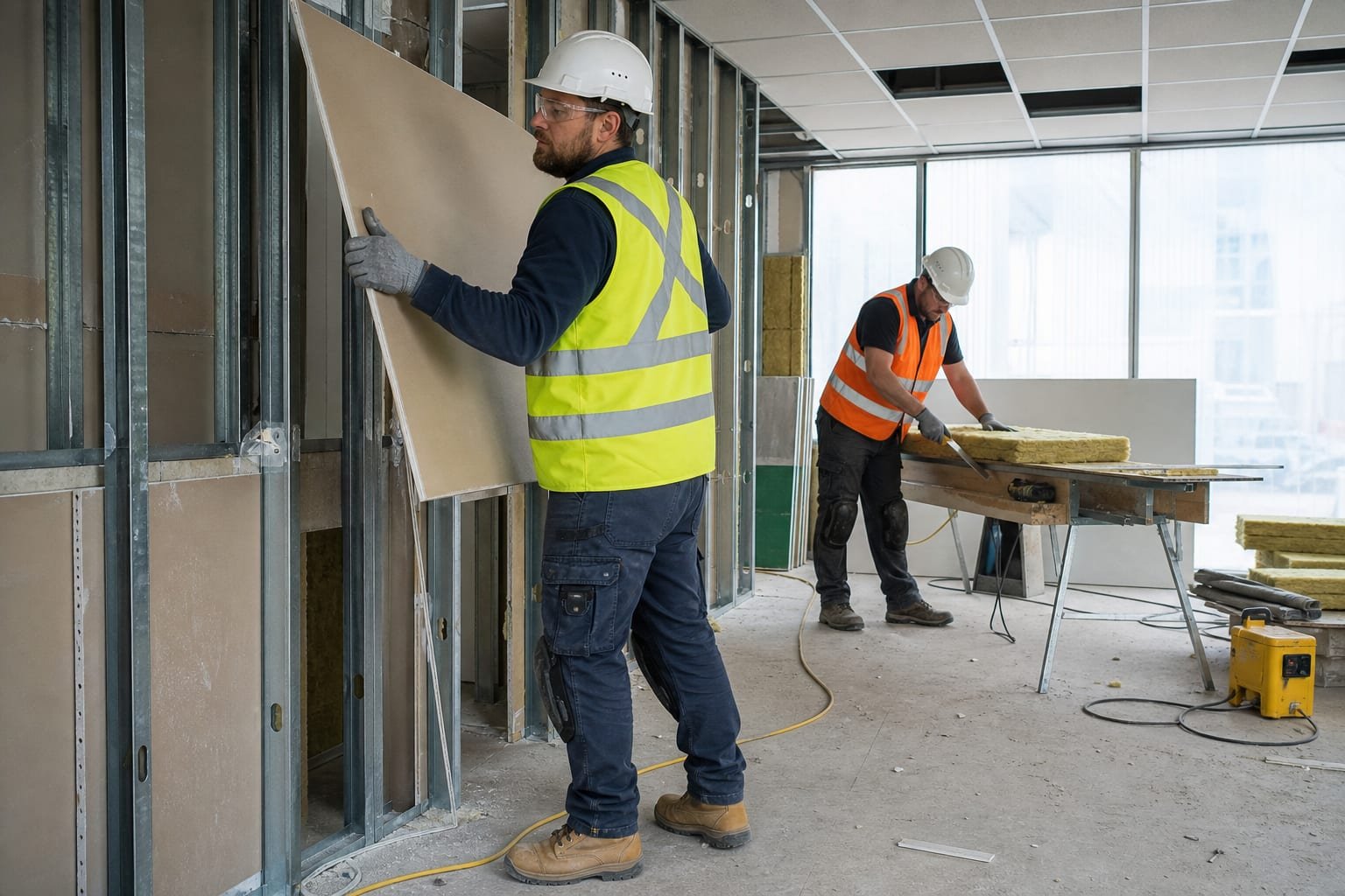 Retail interior installation with plasterboard partitions and ceiling grid, UK operatives in hard hats and hi-vis.