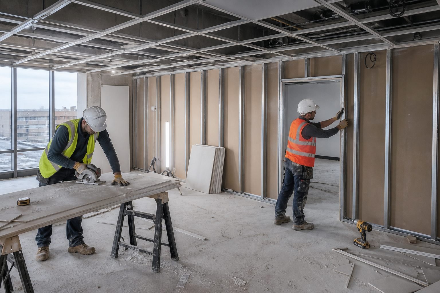 Coordinated drylining and ceiling works on a UK commercial floor, operatives in hard hats and hi-vis.