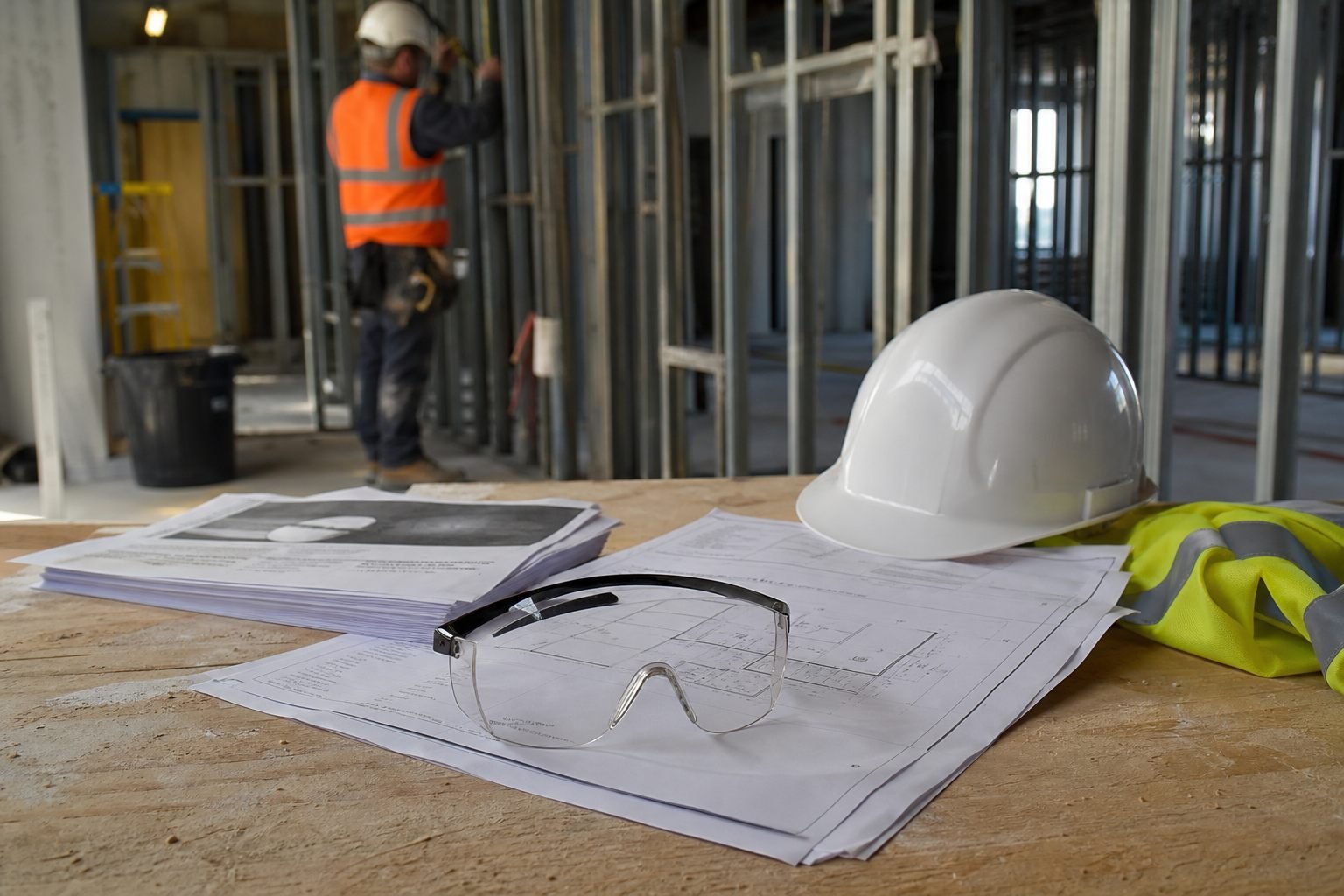 Tender drawings on a UK fit-out site, with hard hat and hi-vis beside an operative working on metal studs.